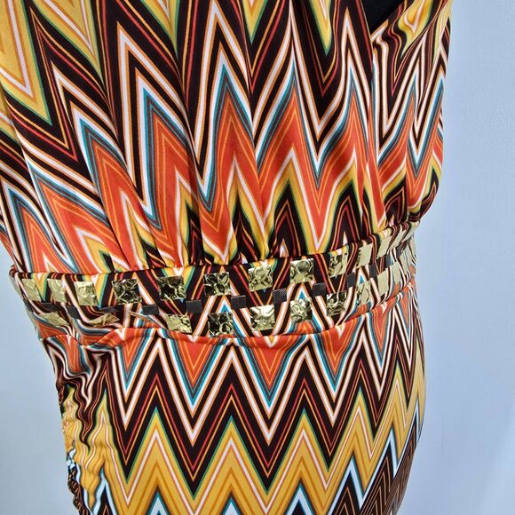 Baby Phat Zigzag Bodycon Dress 1X V-Neck Studded Waist Retro Vibe - Picture 6 of 12